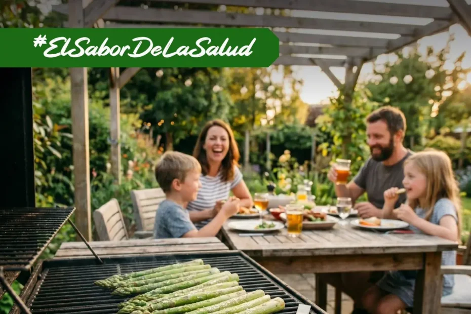 Familia comiendo espárrago verde de España en una barbacoa saludable